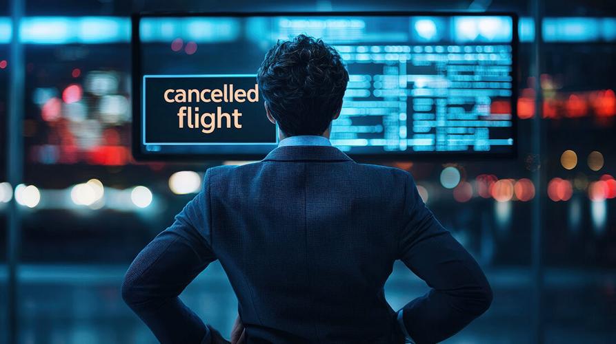 Travel restrictions concept. A frustrated business traveler stands in front of a cancelled flight display with the stress of travel disruptions.