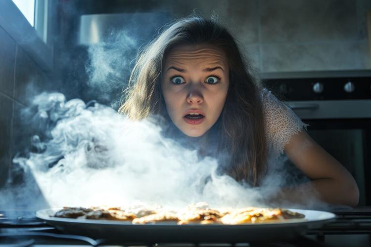 Young woman is staring at a plate of burnt food with a shocked expression, surrounded by smoke in a kitchen
